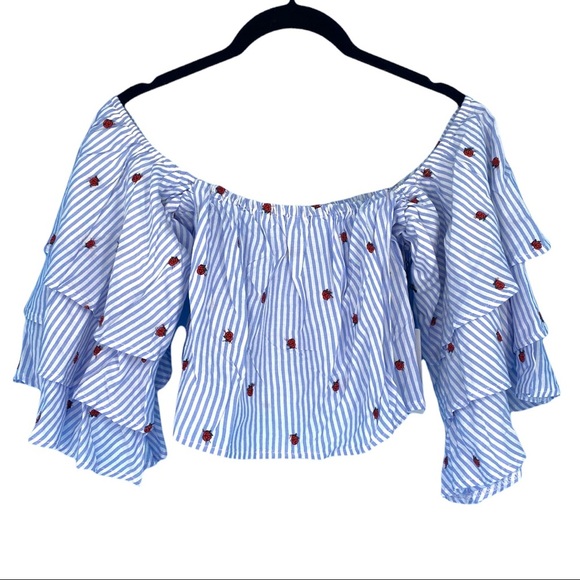 Olivaceous Crop Top Small Blue White Stripe Roses Off The Shoulder Ruffle Sleeve - Picture 2 of 11